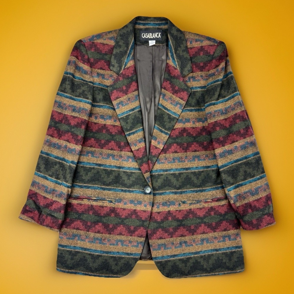 Vtg 90s Southwest Blazer Womens 12 Large Red Wool Blend Native USA Made Aztec